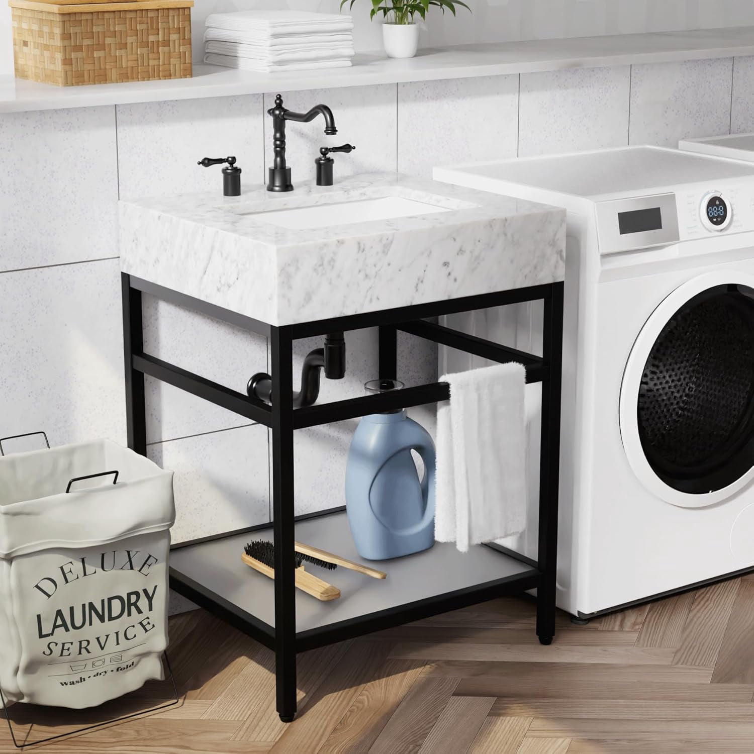 GGISHA24"x 21"Freestanding Bathroom Vanity with Sink,Carrara Marble,Black Frame,Tempered Glass Shelf