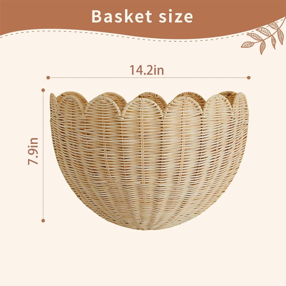 Duslogis Scalloped Wicker Wall Basket - Hand Woven Basket - Scalloped Décor Wall Hanging Baskets -14.2 x 7.8 x 5.7 Inch - Hanging Wall Basket