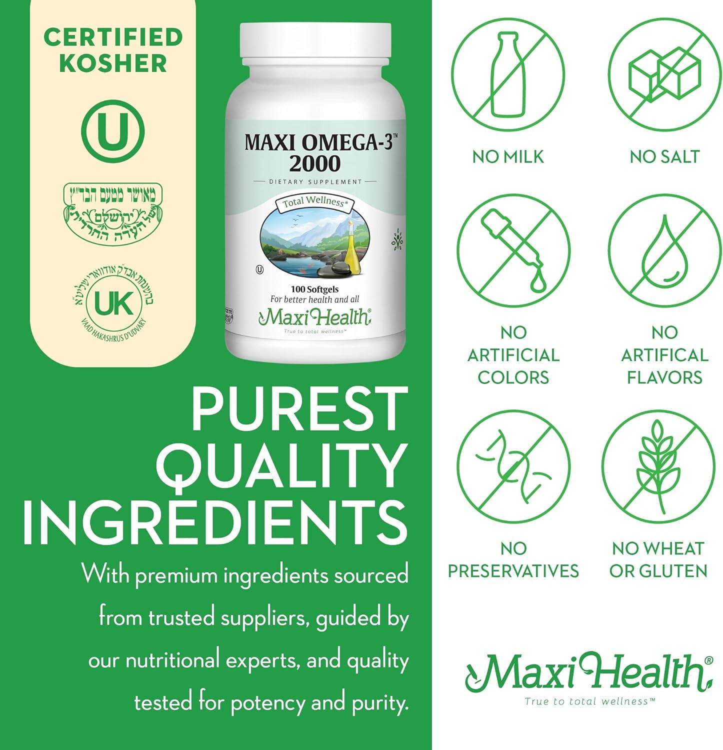 Maxi Health Omega-3 Fish Oil – 2000mg EPA & DHA – Heart & Brain Health Support – Burpless, Kosher – 100 Softgels