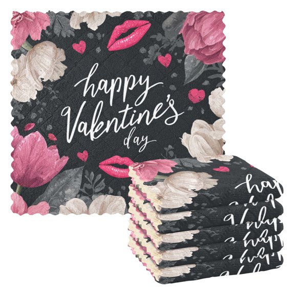 6 Pieces of Kitchen Towels 11x11Inch Kitchen Dish Cloths Kitchen Dish Towels Reuseable Cleaning Cloths Happy Valentine's Day