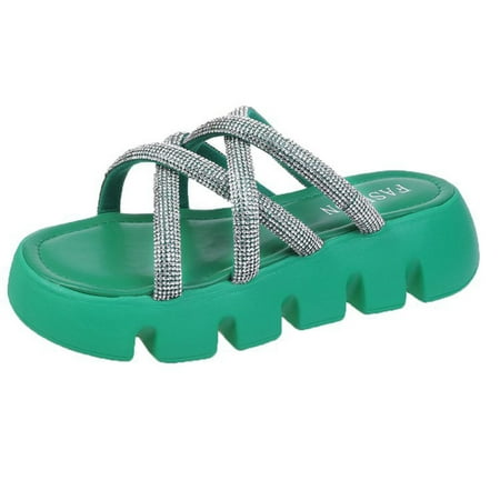

Tuphregyow Women s Summer Platform Flip flop Sandals with Bright Rhinestone Embellishments Classic Fashion Comfort for Business and Elegant Parties Green 35