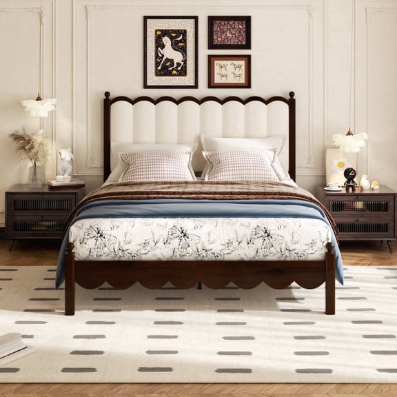 Wooden Queen Size Bed Frame, Leather Platform Bed with Upholstered Headboard, Solid Wood Four Poster Bed, Vintage Style Bed Frame with Wood Slats, No Box Spring Needed, Noise-Free, White