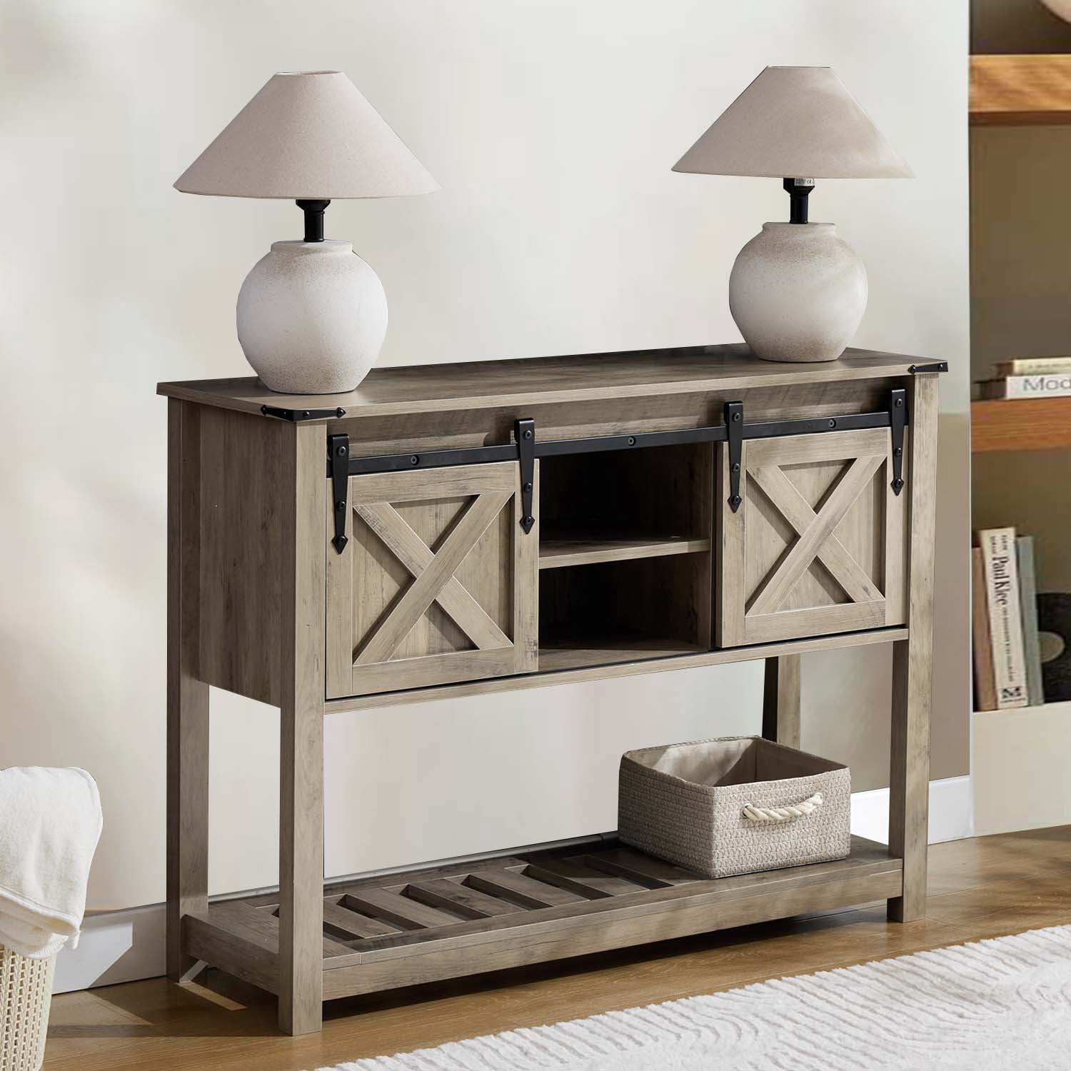 Entryway Console Table with Sliding Barn Doors & Storage Shelf for Living Room, Hallway, Gray