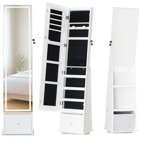 360° Swivel Full-Length Mirror Jewelry Armoire Cabinet with Dimmable LED Lights, 3-in-1 Standing Dresser with Storage, Touch Control System, Polish Finish – Jewelry & Makeup Organizer for Bedroom
