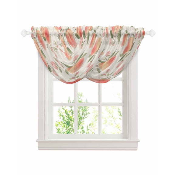 Peach Sheer Waterfall Valance Curtains for Window, Spring Floral Green Leaf Botanical Pink Fruit Rustic Rod Pocket Sheer Topper Swag Curtains for Living Room, Kitchen 38.5"W x 47.2"L, 2 Panels