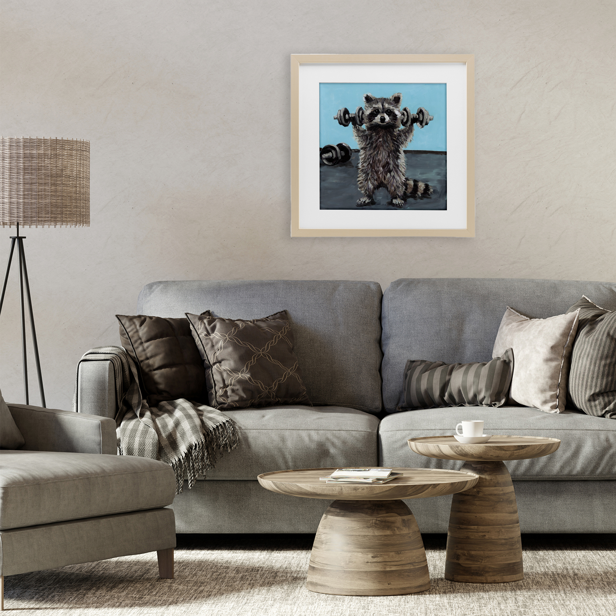 Fitness Raccoon with Weights Birch Framed Print Under Glass, design by Studio Bautista