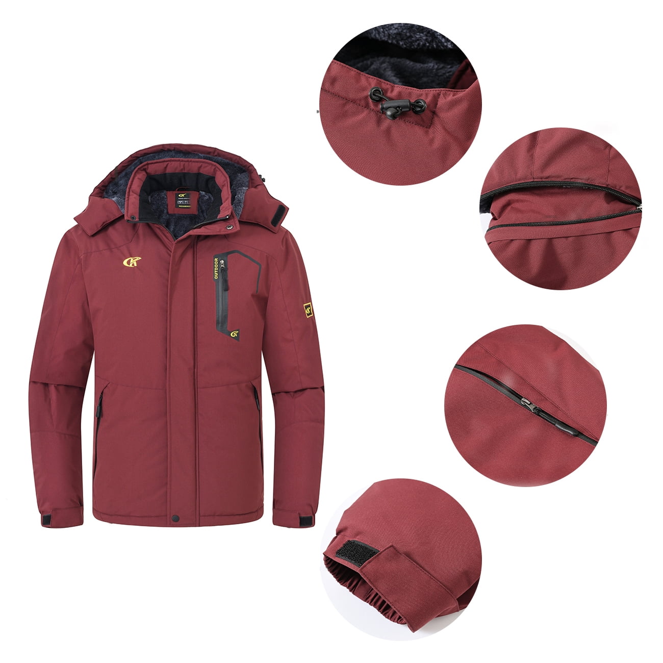 Tyhengta Men's Waterproof Ski Jacket Warm Winter Snow Coat Mountain Windbreaker Hooded Raincoat Burgundy XXL