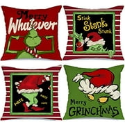 Christmas Pillow Covers 18x18 Set of 4 for Christmas Decorations The Grinch Stripe Christmas Pillows Winter Holiday Throw Pillows Christmas Farmhouse Decor for Couch A421-18