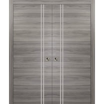 Sliding French Double Pocket Doors 36 x 80 inches | Planum 0310 Ginger Ash with Frosted Glass | Kit Trims Rail Hardware | Solid Wood Interior Bedroom Sturdy Doors