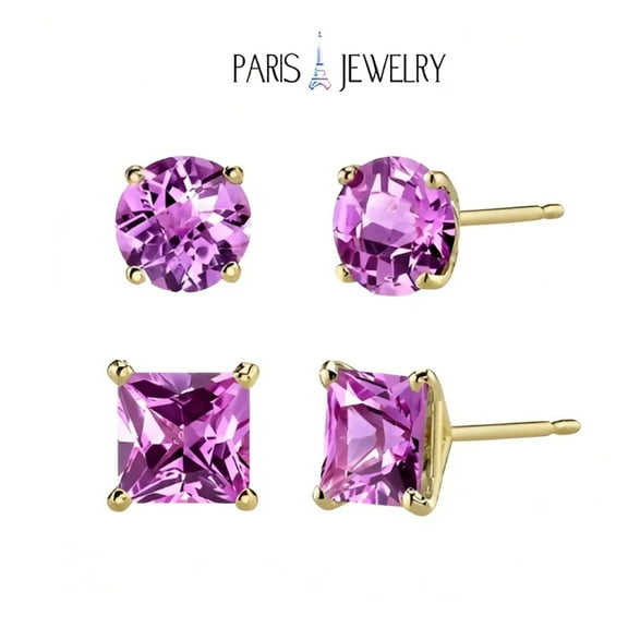 Paris Jewelry 18k Yellow Gold 2 Pair Created Tourmaline 6mm Round & Princess Cut Stud Earrings Plated