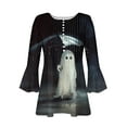 thumbnail image 4 of VKOYWKM Halloween Tunic Tops for Women 3/4 Bell Sleeve Henley Shirt Cute Ghost Graphic Button V Neck Hide Belly Shirts Pleated Empire Waist Fall Blosue, 4 of 5