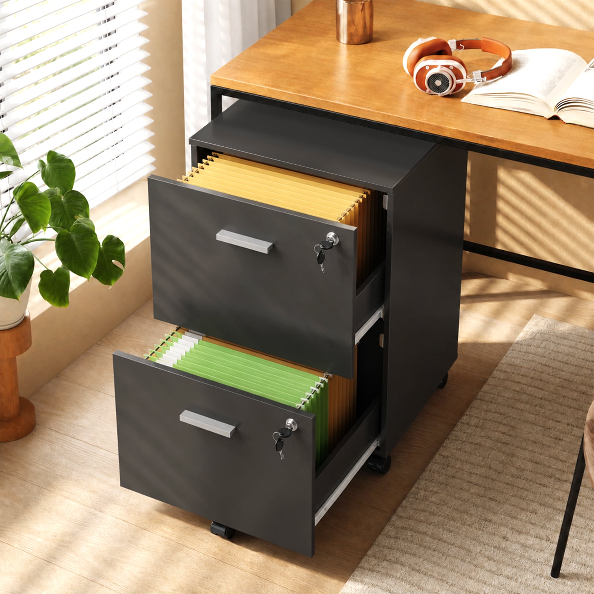 GALAXHERO 2 Drawer Filing Cabinet with Lock, Wooden Printer Stand with Storage for Home Office, Mobile Locking File Cabinet Fits Letter/A4 Hanging Files, Black