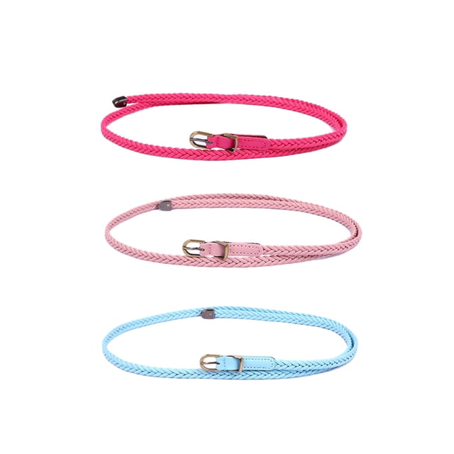 Cinturón trenzado delgado para mujeres INSPIRE CHIC - Cinturón casual de hebilla de pasador para vestidos, cintura: 26-33 Rosa + Rosa claro + Azul cielo