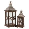 thumbnail image 1 of Wood Square Lantern with Silver Pierced Metal Top, Ring Hanger and Glass Windows Set of Two Weathered Wood Finish Brown, 1 of 2
