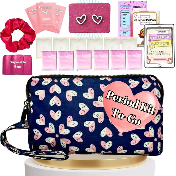 Mark and Lola's First Period Pal Pack to-Go Kit | 24 pcs | First Period Kit for Tweens | Teen Period Kit| Discrete Period Bag, Pads, Panty Liners, Period Kits for Tweens 10-12 (Hearts)