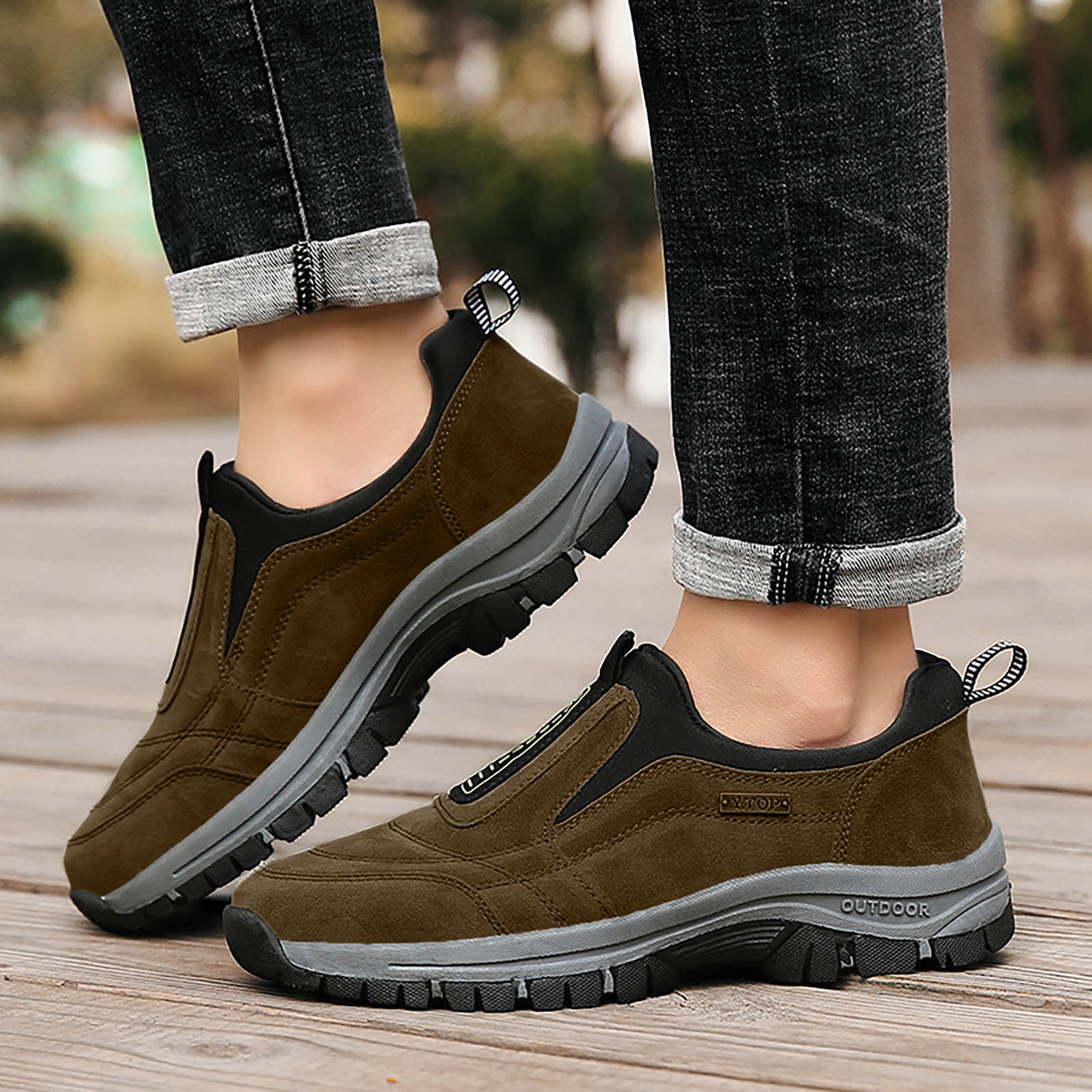 Dakaela Men's Wide Hiking Shoes Slip on Walking Loafers Waterproof Trekking Running Sneakers Brown 7.5