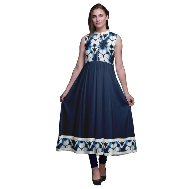Bimba Robe Anarkali à Col Mandarin pour Femme, Indigo Bleu, Imprimée Shibori, Designer, Kurta Ethnique Indienne, Moyen