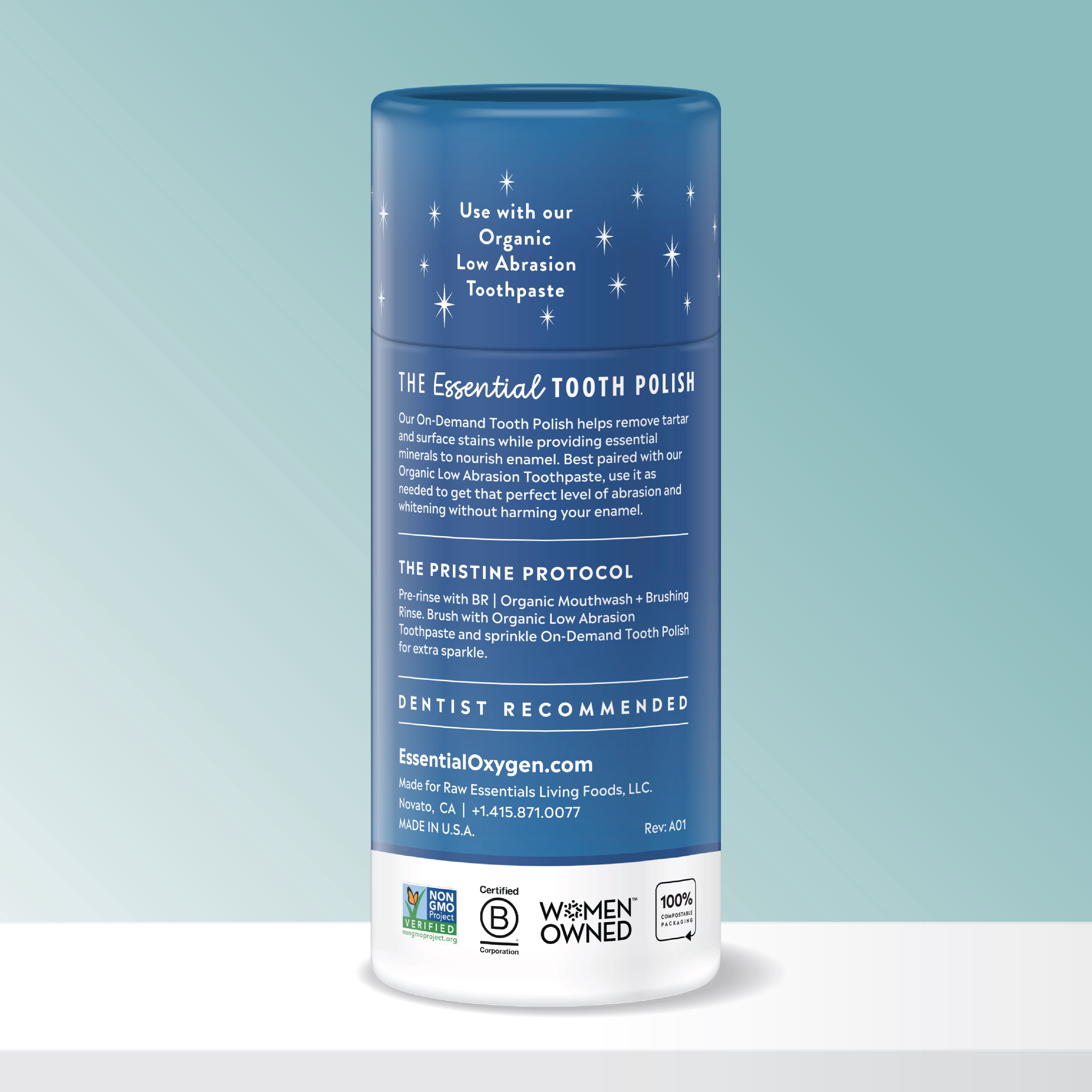 Essential Oxygen Enamel-Safe Fluoride-Free Vegan Anticavity Tooth Polish, Peppermint, 2 oz, Pack of 3