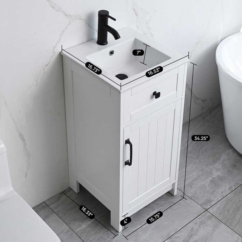 Wonline 16 inch Bathroom Vanity with White Ceramic Sink Combo for Small Space,Modern Bathroom Storage Vanity with Soft-Close Doors Adjustable Shelf(White)