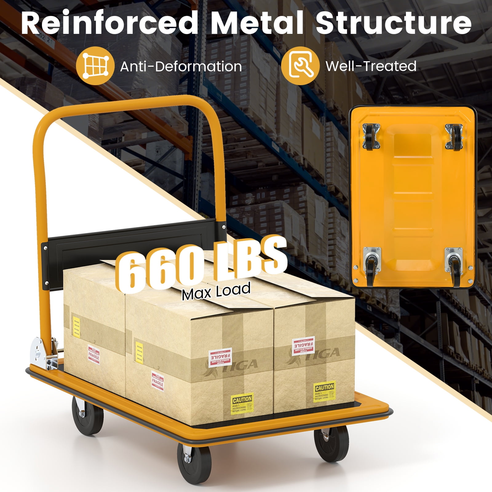Costway 660lbs Platform Cart Dolly Folding Foldable Moving Warehouse Push Hand Truck New Yellow
