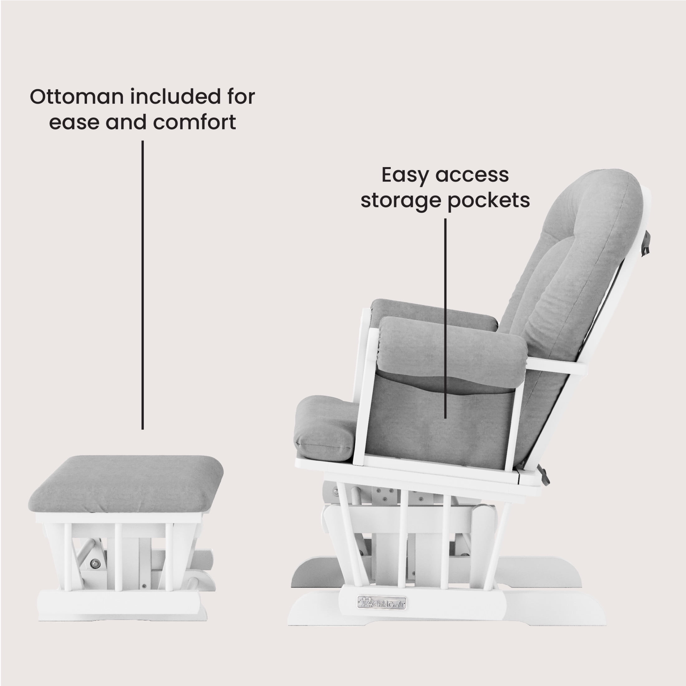 Child Craft Cozy Glider Rocker with Ottoman, Smooth Motion, Matte White Frame, Light Gray Cushion