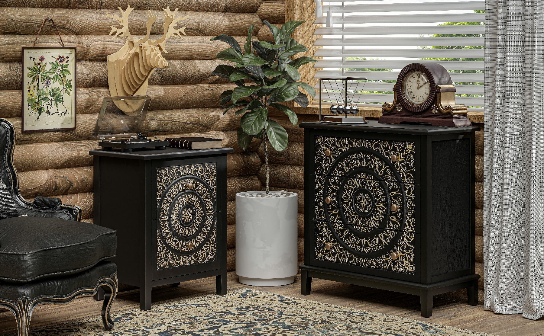 COZAYH 2-Drawer Fully-Assembled Flower Motif Nightstand for Small Spaces, French Country, Modern, Distressed Finish, Gold & Black