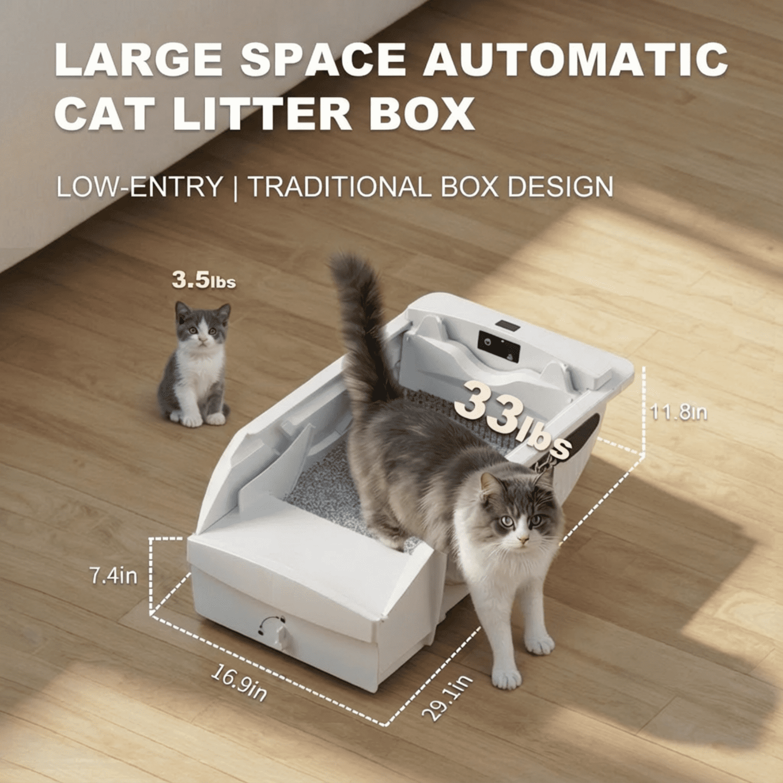 Automatic Litter Box, Open-Top Self Cleaning Litter Box for Multiple Cats, Large Space with Low Entry, Dual Safety Sensors, Quiet Operation, Compatible with Clumping Litter, Odor Control