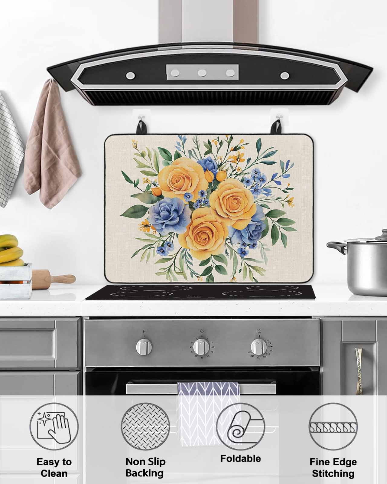nqOlkjepod Large Induction Cooktop Protector Mat 36"x21", Yellow Blue Floral Stove Top Covers for Electric Stove, Eucalyptus Leaves Botanical Stove Burner Cover Mats, Glass Top Stove Cover