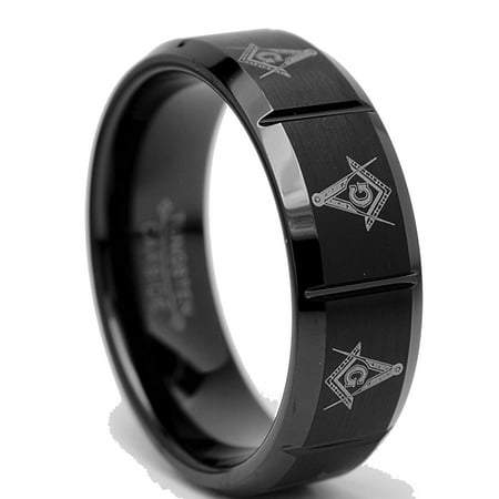 - Tungsten Carbide Men's Black Laser Etched Masonic Ring, 8mm Comfort Fit, Sizes 7 to 13