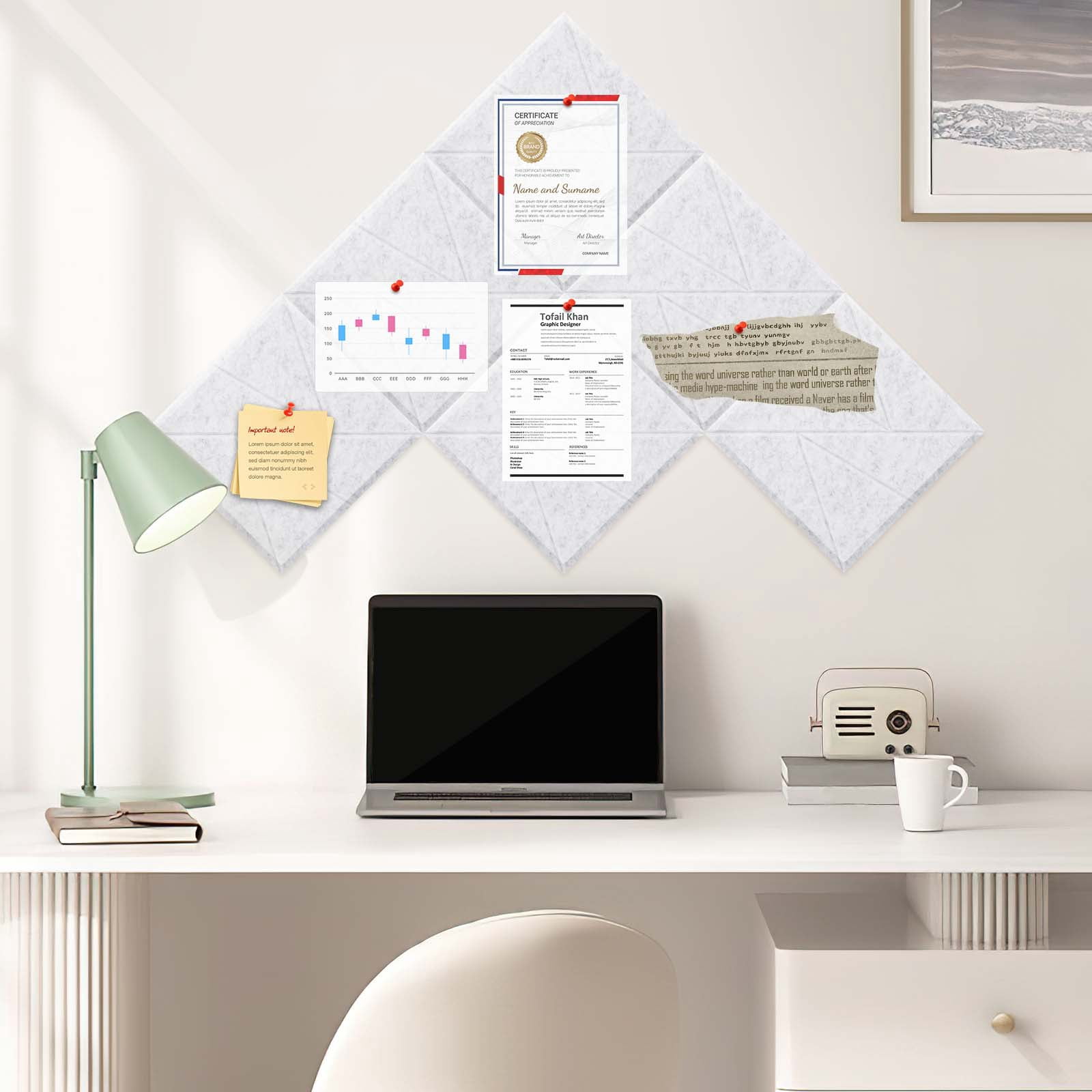 Large Cork Board 36"" x 24"" Alternative - 6 Pack Felt Wall Tiles with 50 Safe Removable Adhesive Tabs, 30 Pushpins, Cork Boards for Walls Pin Board Bulletin Board Office Decor (Light grey)
