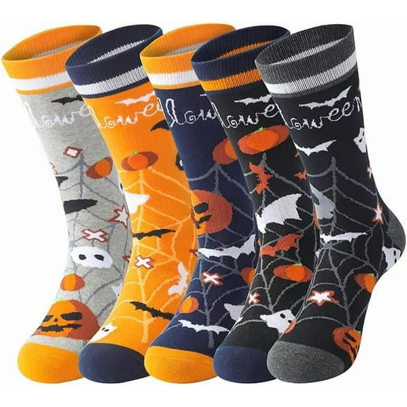 5 Pairs Halloween Socks for Women Mens Bats Pumpkins Ghosts Print, Colorful Pattern Novelty Cute