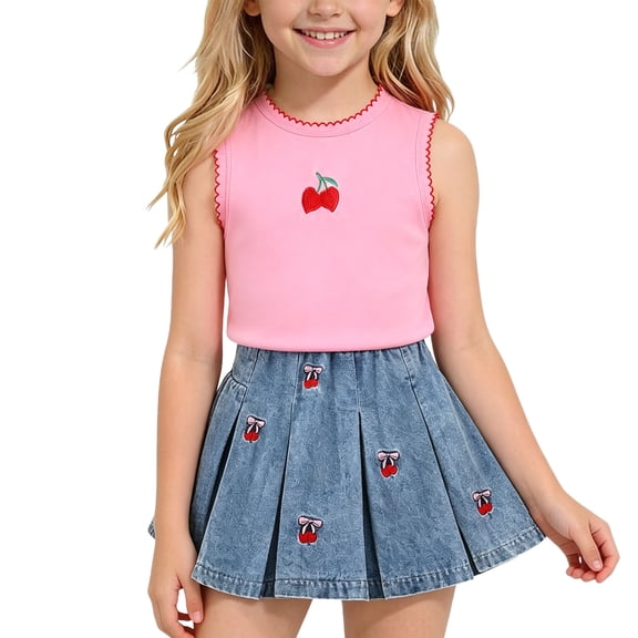 FSYBOA Girls Outfit Sets 7T, Casual Summer Fashion 2 Piece Kids Tops and Skirts Set Pink Size
