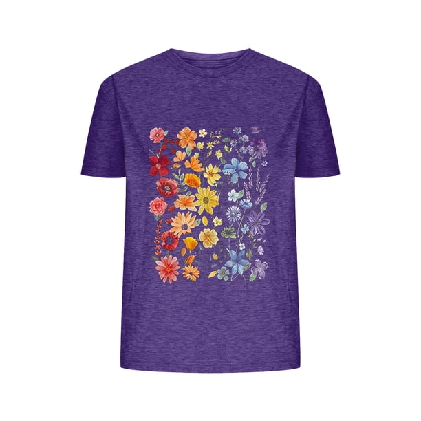 Camisetas de Verano de Mujer Pequeña Flor Impresa Cuello Redondo Manga Corta Superior, Verano Superior de las Mujeres