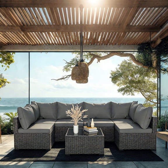 7 Piece Outdoor Furniture Set Rattan Wicker Sofa Set with Patio Cover,Gray