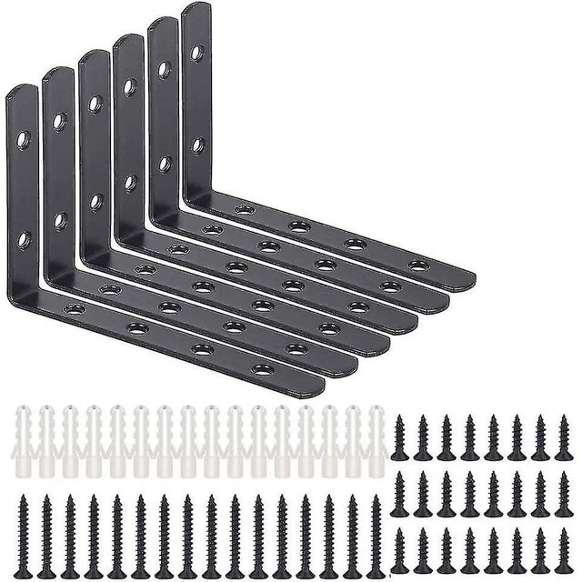 Soporte en L, soportes de estante negros, soporte de estante de pared negro, soporte de fijación, soporte de estante de 90 para estante de esquina, soporte atornillable, 6 piezas
