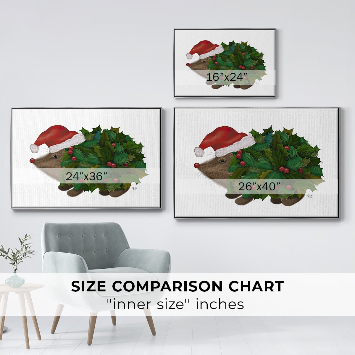 Christmas Holly Hedgehog - Framed Gallery Wrapped Holiday Canvas - 17 x 25 - Silver Frame