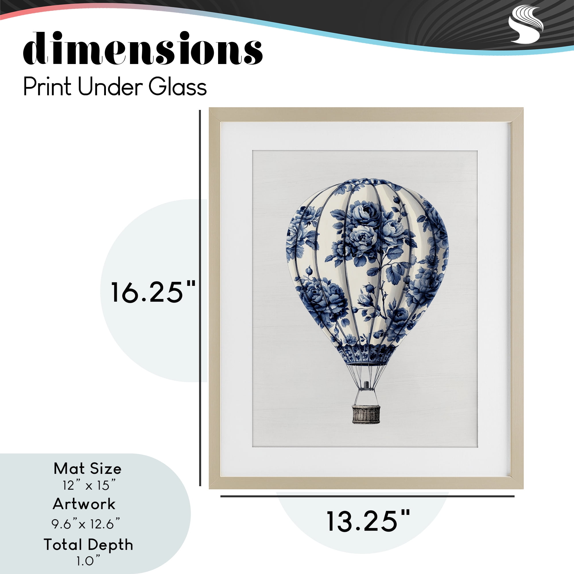 Vintage Toile Hot Air Balloon Birch Framed Print Under Glass, design by Lettered and Lined
