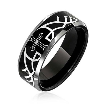 - Laser Etched Catholic Religious Black Christ Thorn Cross Band Tungsten Ring For Men Comfort Fit 8MM