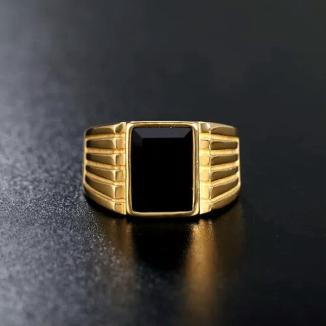 HOOUN Classic Men's Black Stone Wedding Ring Stainless Steel Gold Plated Band Ring-10
