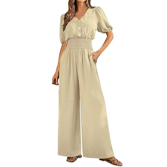GILIGEGE Womens Jumpsuits Short Sleeve V Neck Dressy Casual Wide Leg Pants Romper 2025 Summer One Piece Outfits Loose Jumpsuits Rompers with Pockets Casual Wide Leg Pants Romper 2025 Summer Outfits
