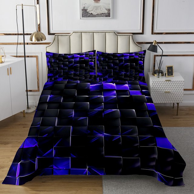 Erosebridal Geometric Square Coverlet Set King,Futuristic Cubes Bedding Set,Stereoscopic Room Decorative,Ultra Soft,3 Pieces