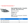 thumbnail image 2 of Right Headlight Assembly - Compatible with 2005 - 2006 Toyota Camry, 2 of 2