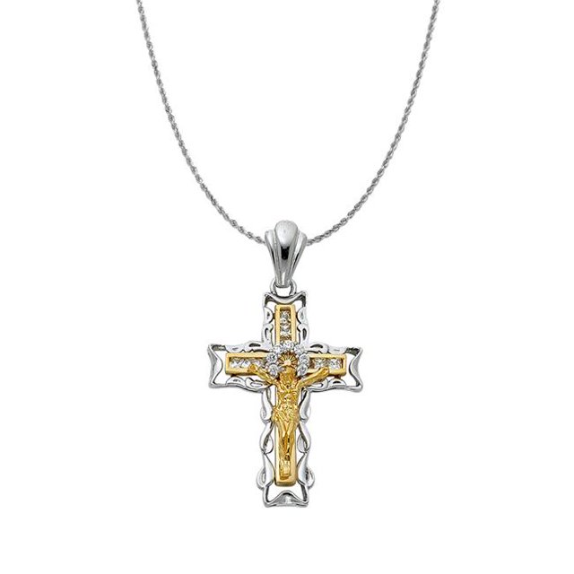 Precious Stars PT935-CH143-18 2 mm 14k Two-tone Gold Cubic Zirconia Fancy Cross Pendant with Solid Rope Chain
