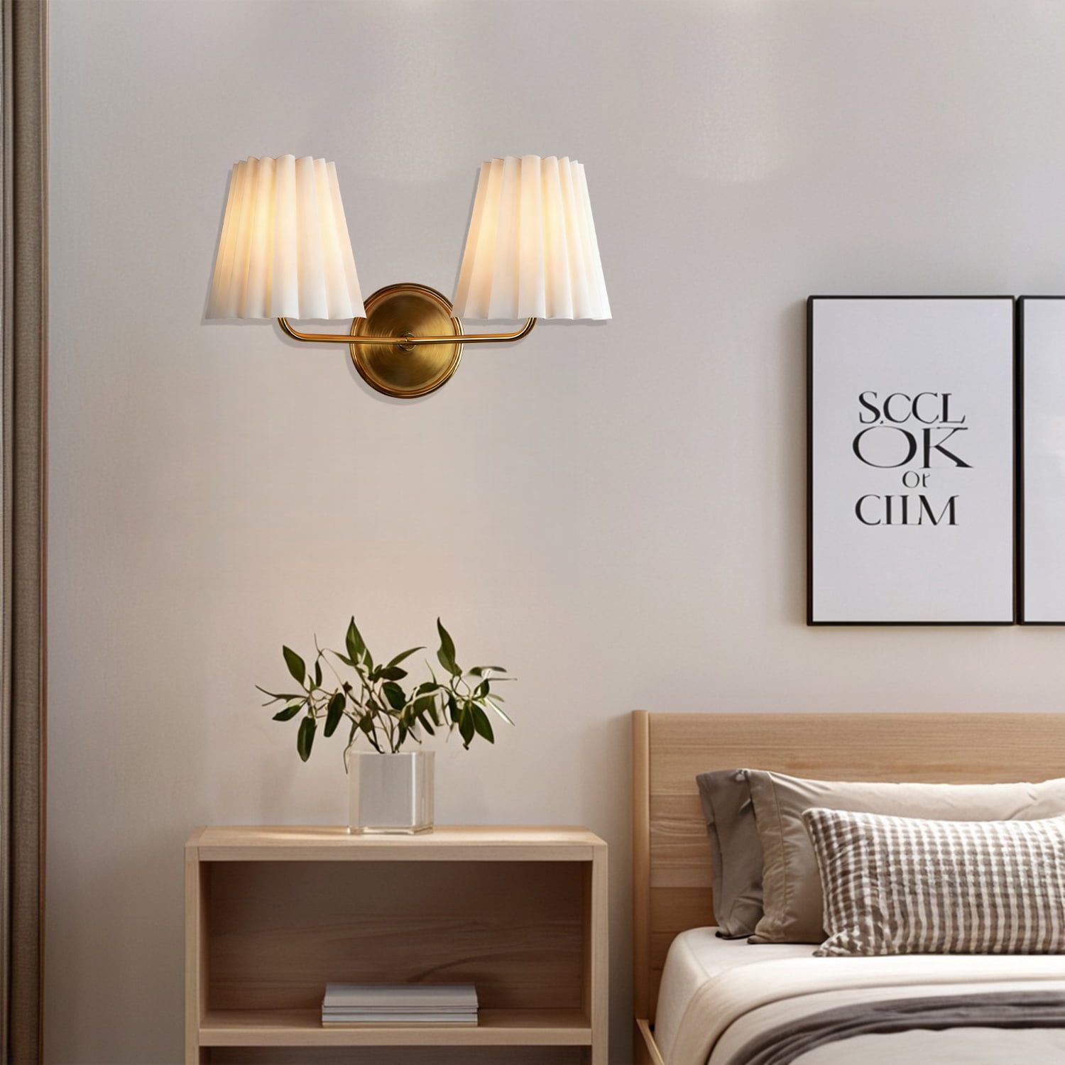 Mid-century Double Ivory Linen Shade with Antique Brass Metal Wall-Mounted Sconce, Unique Elegant Wall Light, Hand-polished Wall Lamp, Indoor Sconce for LIving Room, Dining Room, Bedroom, Entryway