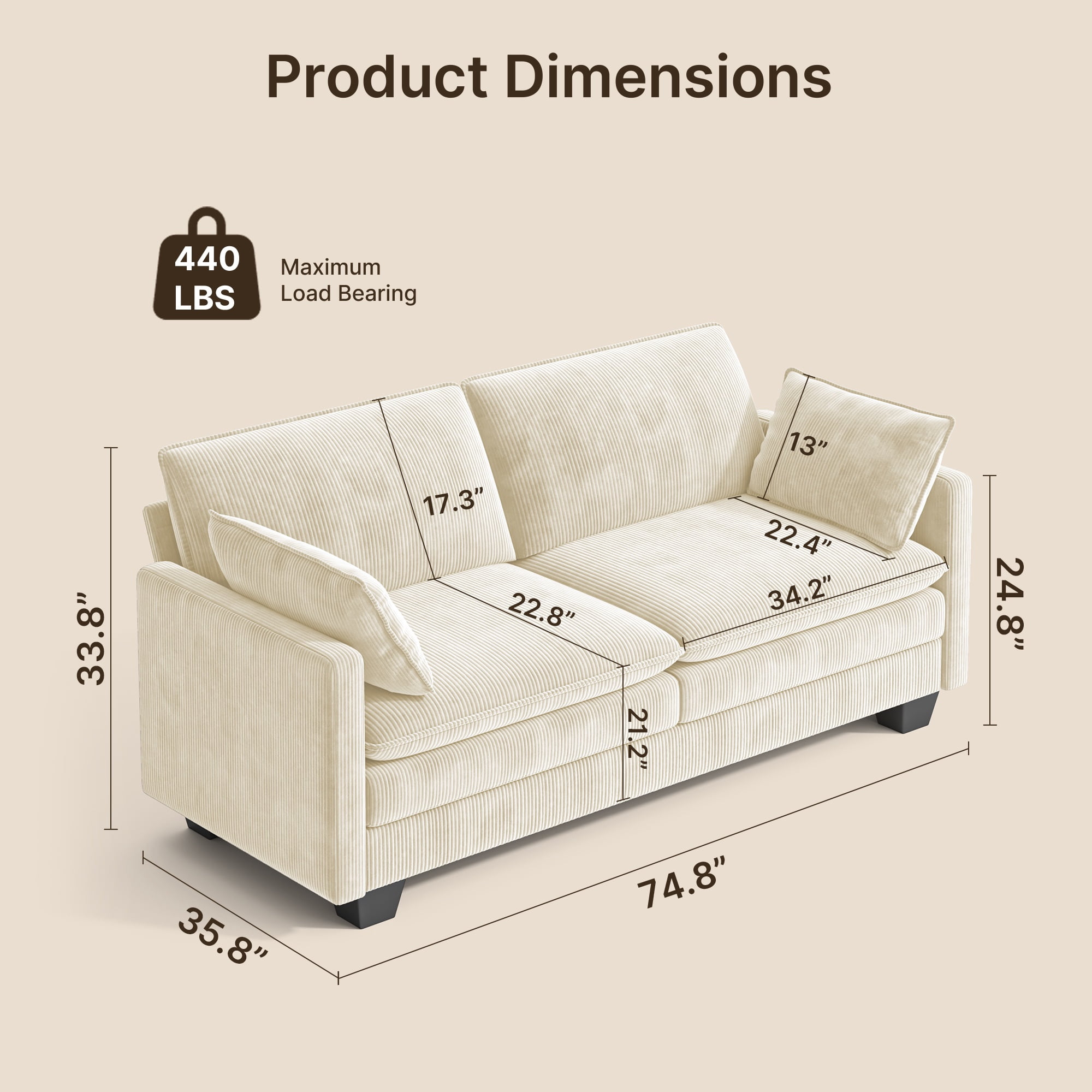 Asofer 75" Loveseat Corduroy Cloud Sofa, Deep Seat 2 Seater with Washable Cushion & 2 Pillows for Living Room Apartment, Beige