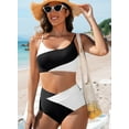 thumbnail image 6 of SHEWIN High Waisted Bikini Set 2 Piece Swimsuit for Women Color Block Spaghetti Straps Bathing Suits Summer Beach Outfits, 6 of 7