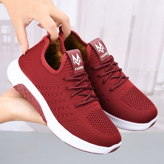 IEMIEMIEM Women's Orthopedic Shoes Warm Plush Lined Lace Up Lightweight Breathable Running Walking Shoes Non Slip Athletic Snow Sneakers Mesh Workout Casual Sports Shoes Red