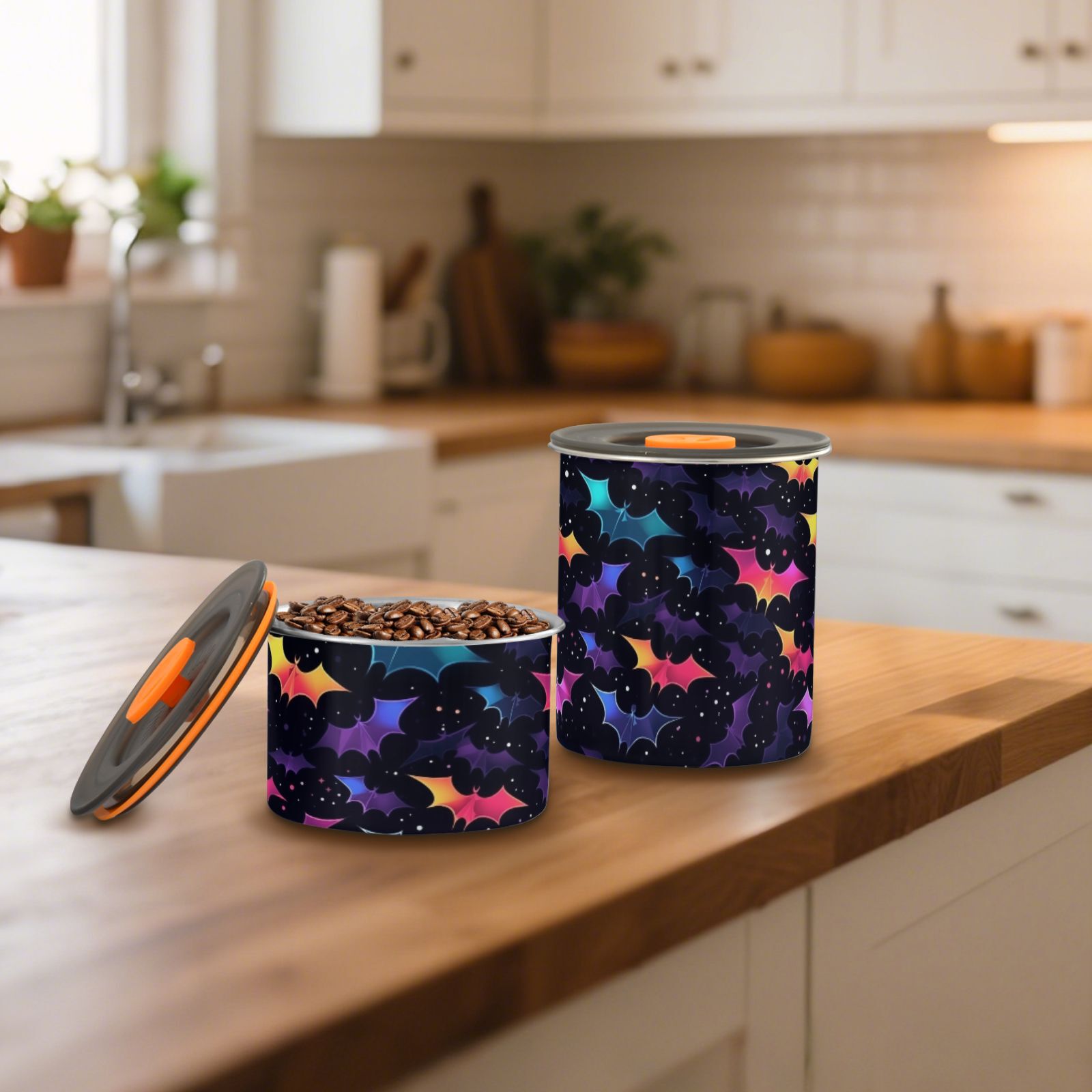 Rainbow Bat Halloween Airtight Coffee Bean Canister 30oz Food Storage Containers with Lids For Gournd, Tea, Sugar, Flour, Rice, Cereal, Candy Cookie Jar