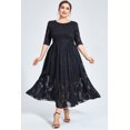 thumbnail image 1 of Vestido elegante de talla grande para mujer, vestido largo informal de malla negra flocado, cinturón Jacquard, doble dobladillo, invitados de boda, Media manga, otoño, 1 of 6