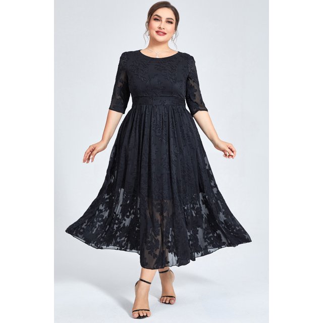 Vestido elegante de talla grande para mujer, vestido largo informal de malla negra flocado, cinturón Jacquard, doble dobladillo, invitados de boda, Media manga, otoño